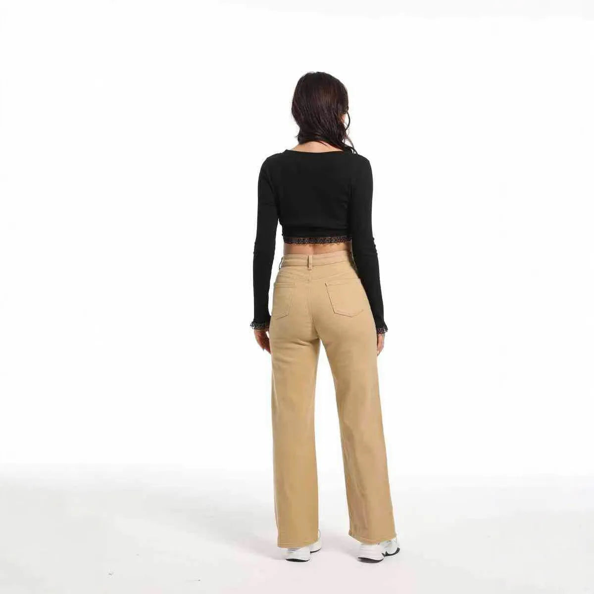 Women's straight leg wide leg jeans in apricot and khaki colours with high waist design