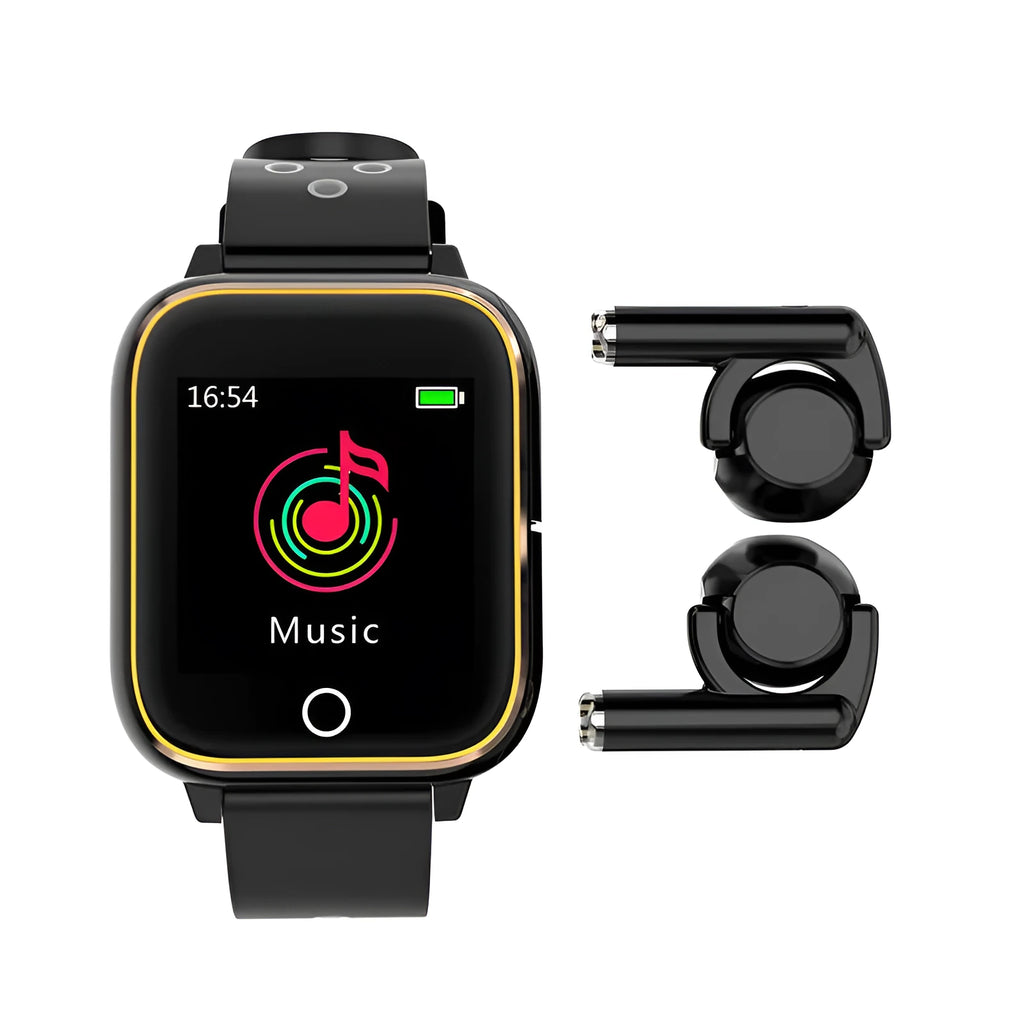 Black smart watch bracelet with integrated Bluetooth earbuds stored in watch case showing 1.4 inch touchscreen