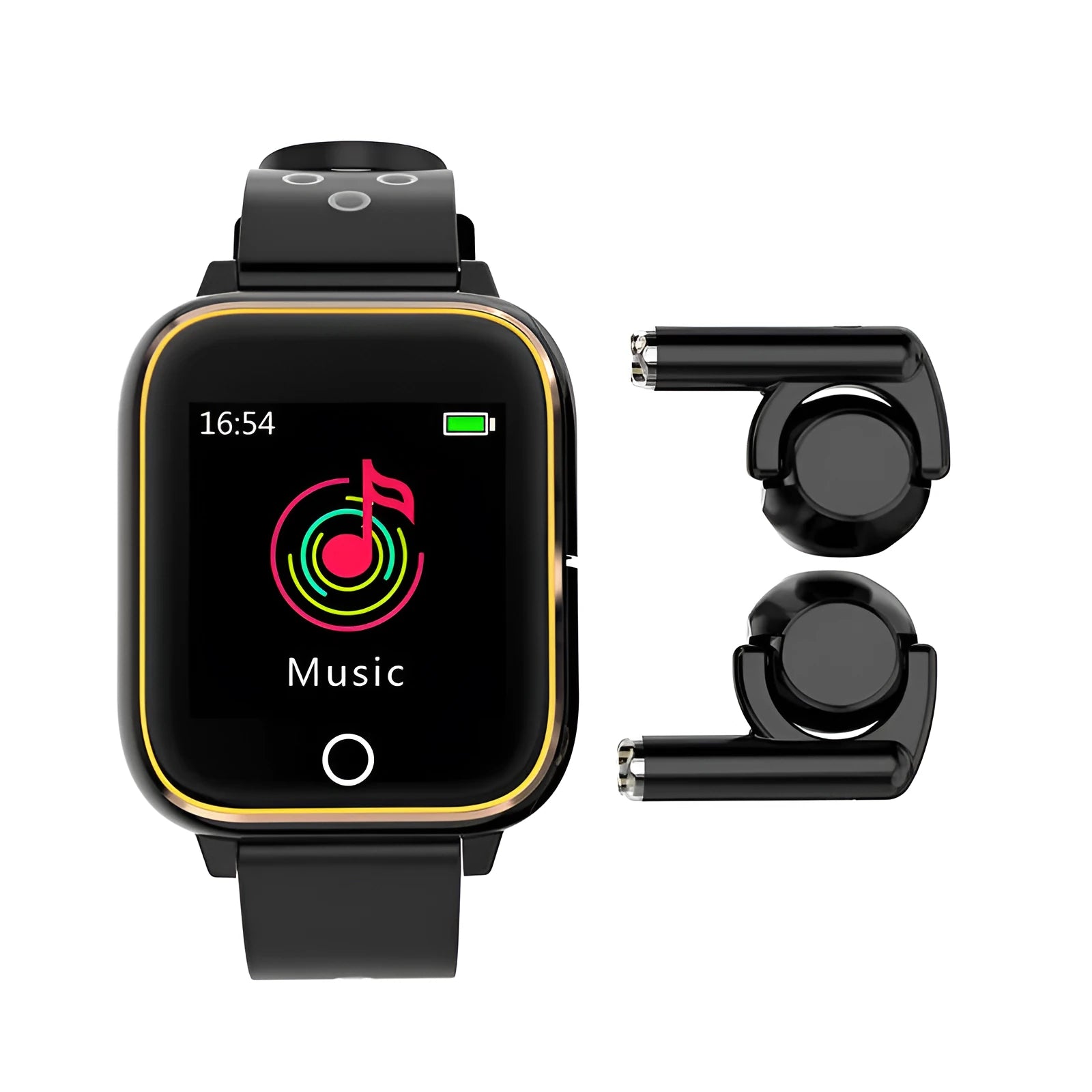 Black smart watch bracelet with integrated Bluetooth earbuds stored in watch case showing 1.4 inch touchscreen