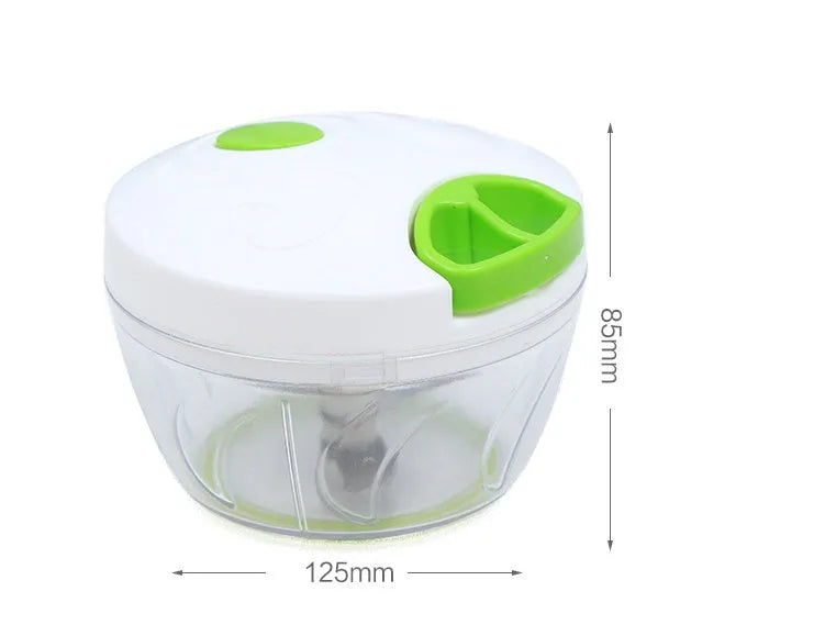 Green manual kitchen chopper grinder with three blades inside a clear bowl.