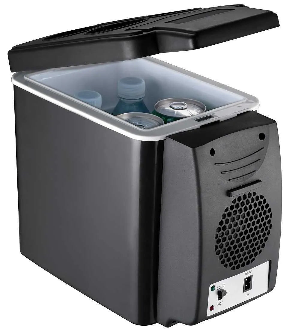 6L mini fridge dual-use 12V 220V in black, 25cm x 30cm x 16.5cm, with cooling and heating modes