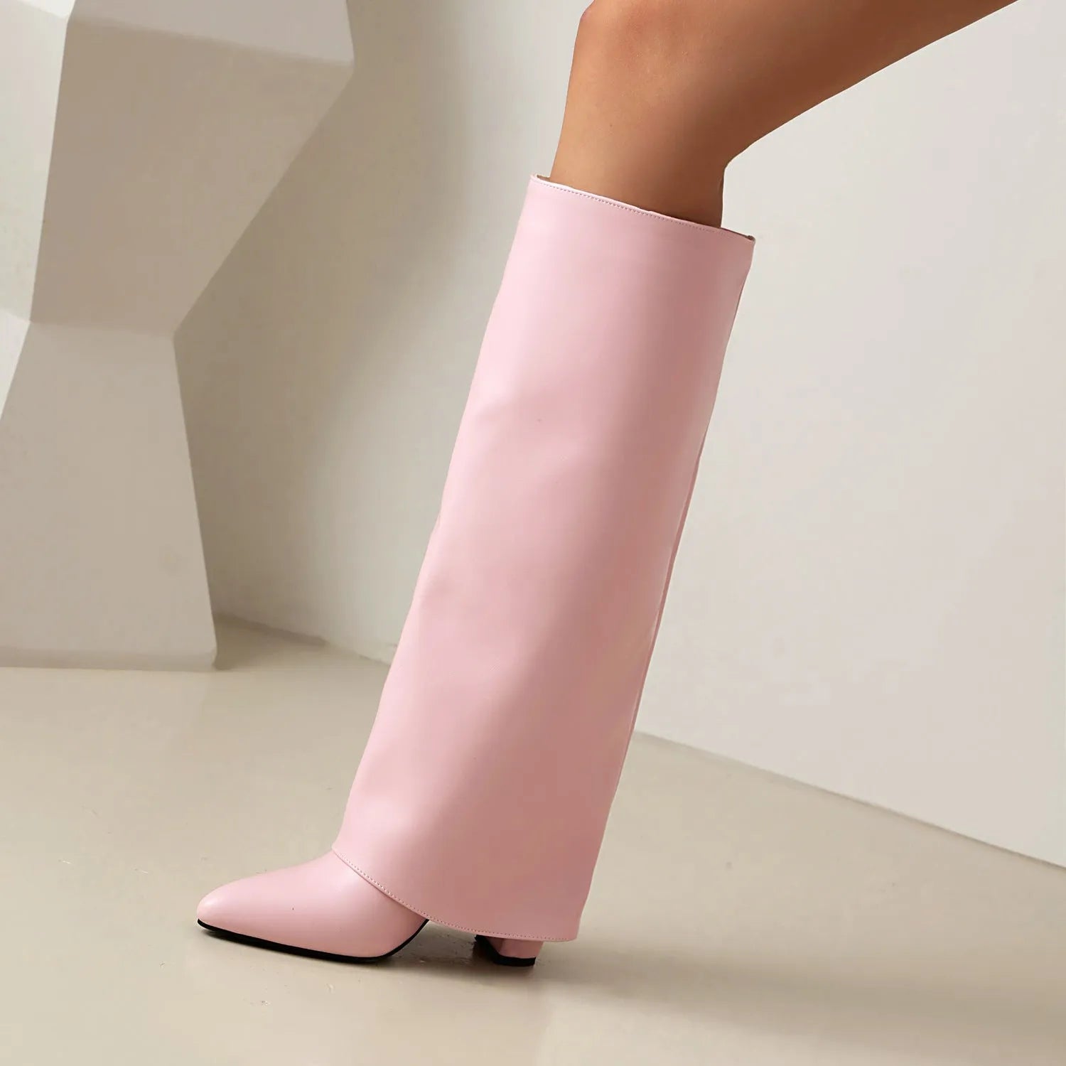 Women's plus size thick high heel boot in black with high cylinder sock and sewing line detail