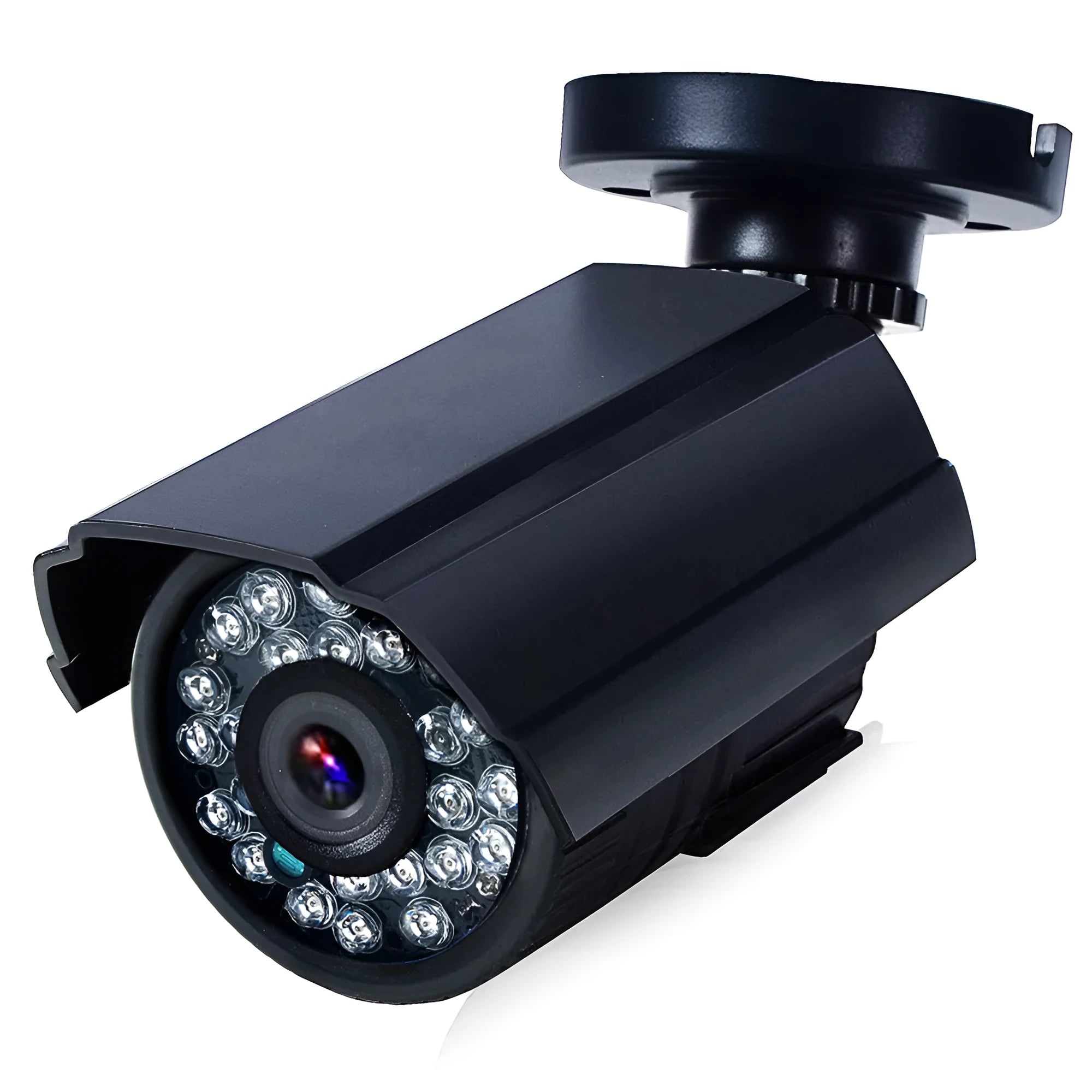 Black HD waterproof security camera with infrared LEDs for night vision.
