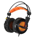 Black and white USB gaming headset with LED lights on ear cups and padded headband