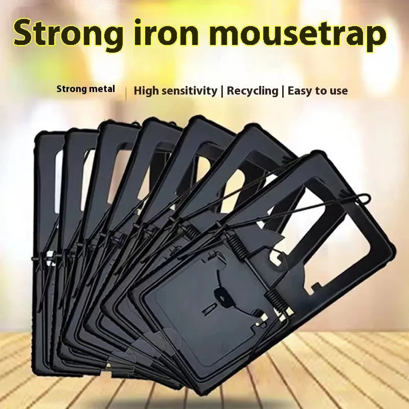 Automatic reset mouse cage trap in plastic and iron designs, shown in small, medium, and large sizes.