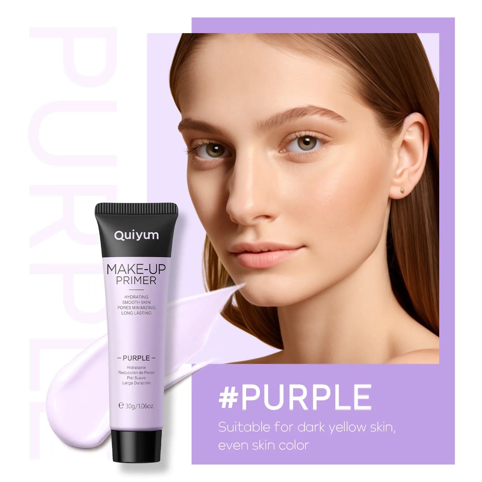 30g moisturising makeup primer tube with colour options: green, pink, and purple.