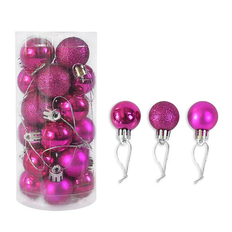 Set of 24 shiny and matte finish Christmas ball ornaments in assorted colours, each 3cm in diameter.