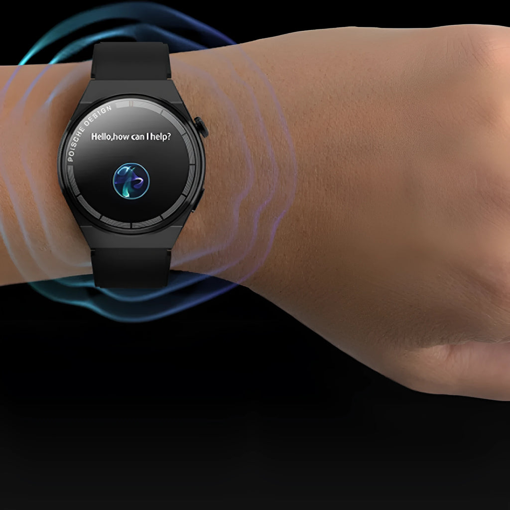 Black Bluetooth smartwatch with a circular 1.39-inch screen on a silicone strap, showing NFC and health tracking functions.
