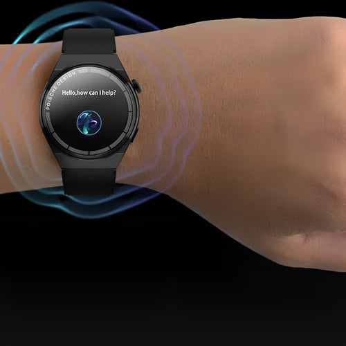 Black Bluetooth smartwatch with a circular 1.39-inch screen on a silicone strap, showing NFC and health tracking functions.