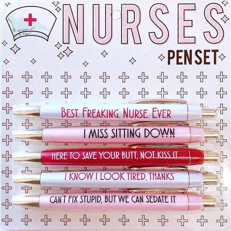 Five nurse-themed retractable ballpoint pens with humorous medical prints arranged together