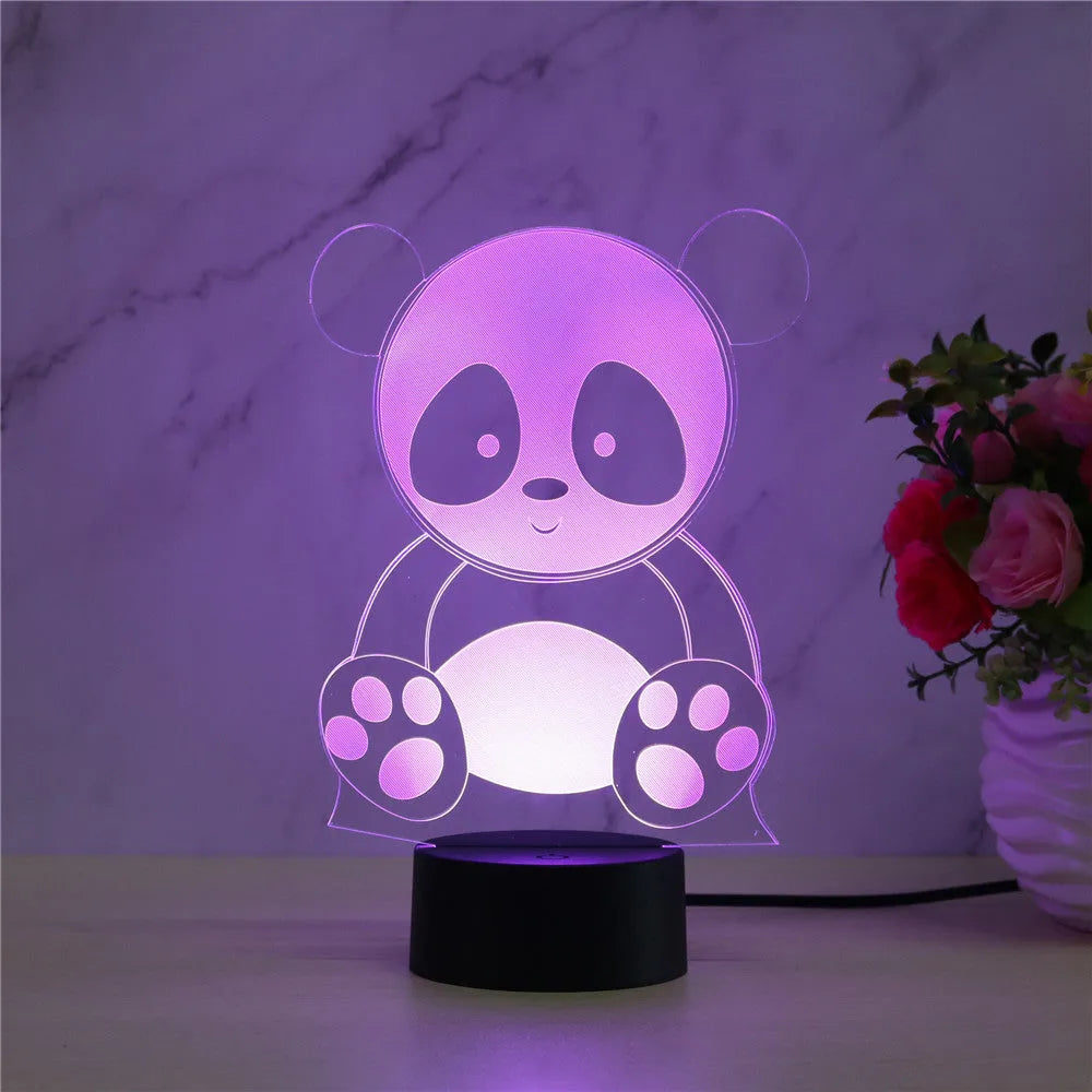 Panda night light with acrylic panel and ABS base showing multi-colour LED illumination.