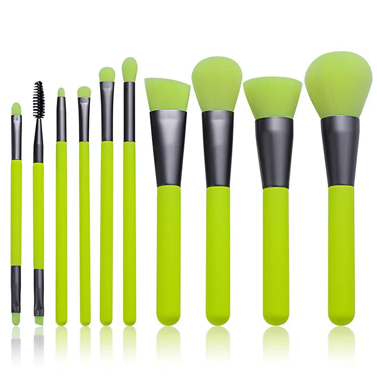 10 piece professional fluorescent green makeup brush set with synthetic fibre bristles and wooden handles