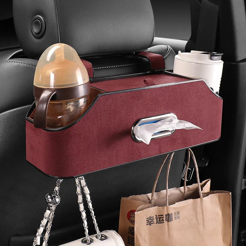 Genuine leather car and buggy storage bag for tissues and a cup, shown in beige colour.