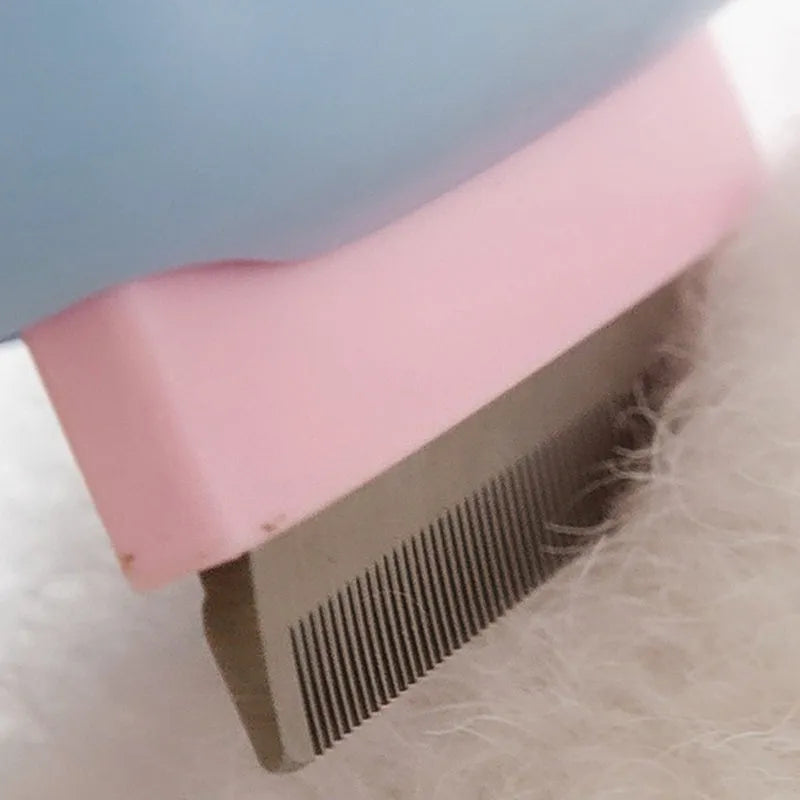 Blue and green double-sided pet grooming brush showing deshedding rake and dematting comb