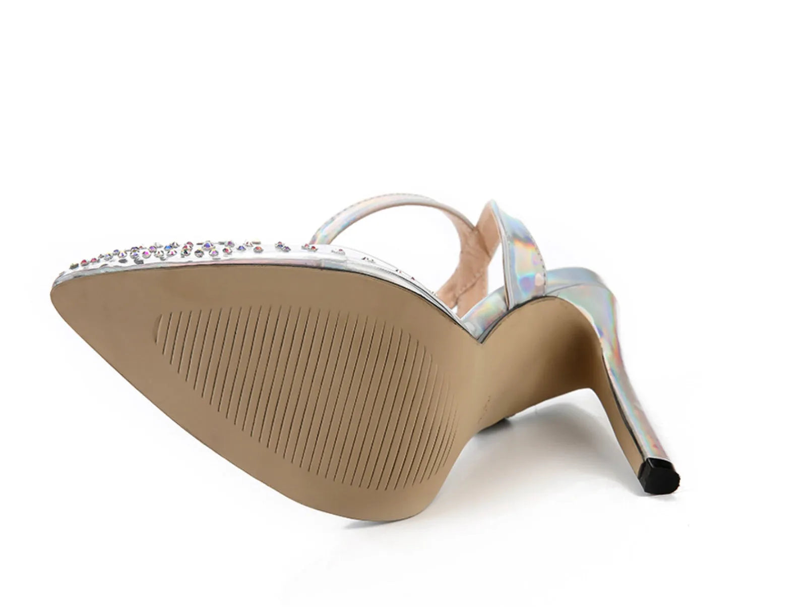 Women's pointed-toe sandals with glossy PVC upper and a thin stiletto heel on a neutral background.