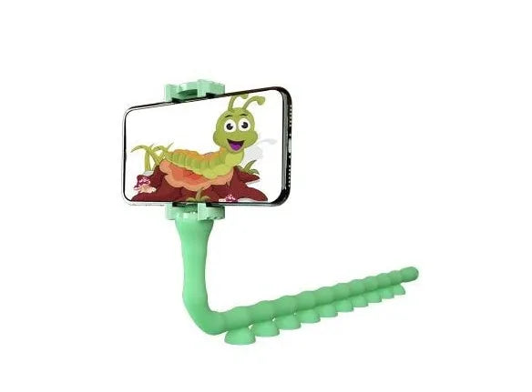 Black flexible rubber phone holder with suction cup extended to 62cm length on a desktop