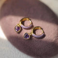 Purple enamel love heart earrings in gold with copper body and geometric bohemian heart design
