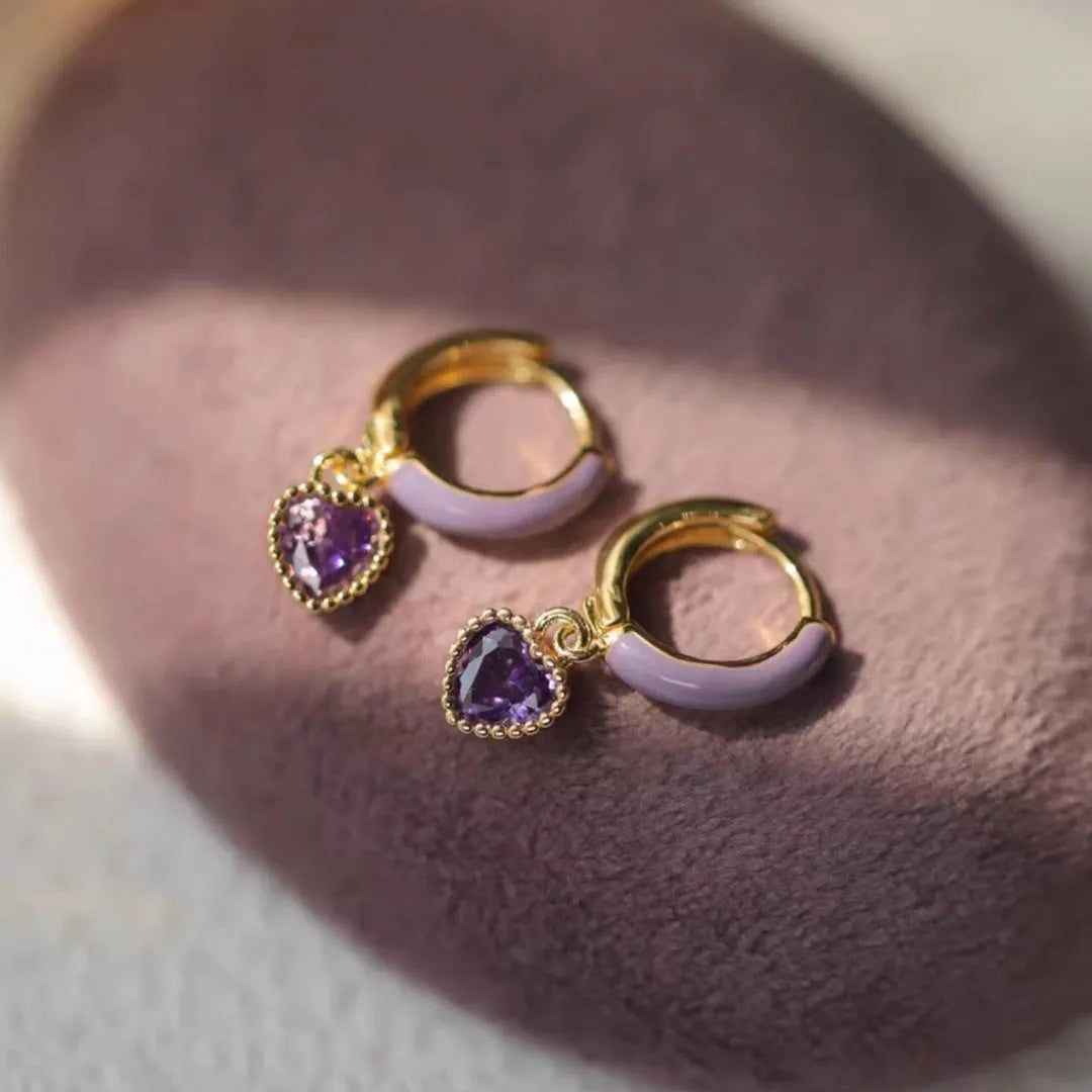 Purple enamel love heart earrings in gold with copper body and geometric bohemian heart design
