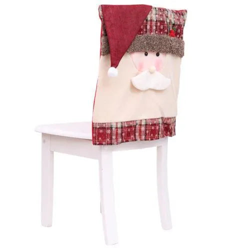 Set of Christmas chair covers featuring Santa Claus, Snowman and Santa hat designs on dining chairs