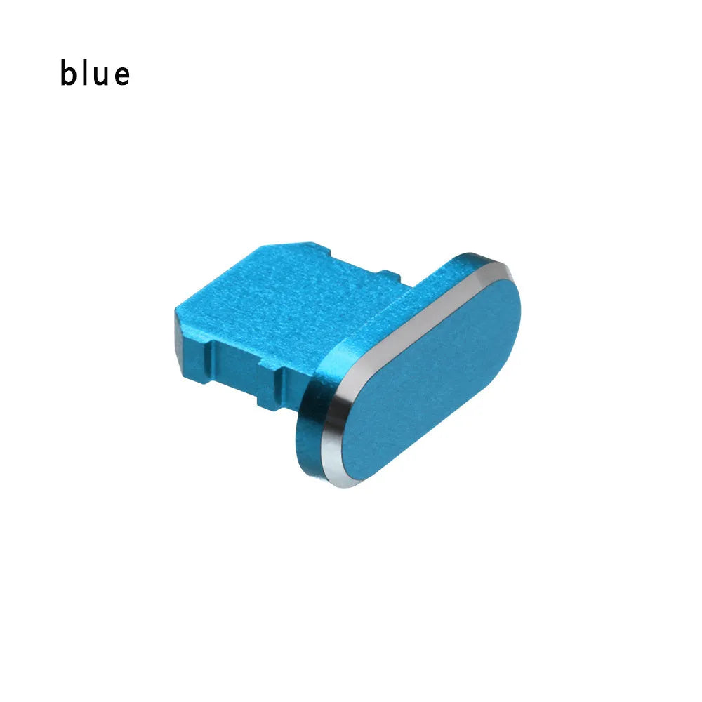 Aluminium alloy charging port dust plug for iPhone in various colours including gold, silver, blue, and black.