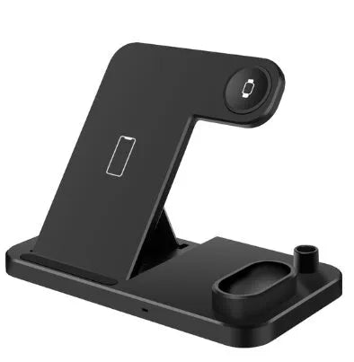 Black foldable 4-in-1 wireless charging station showing phone, Apple Watch, and AirPods charging simultaneously.