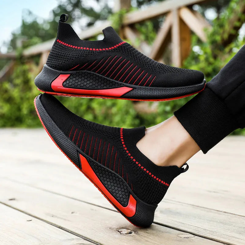 Men's striped mesh sock shoes with Flyknit upper and lace-up closure in black, white and black-white options