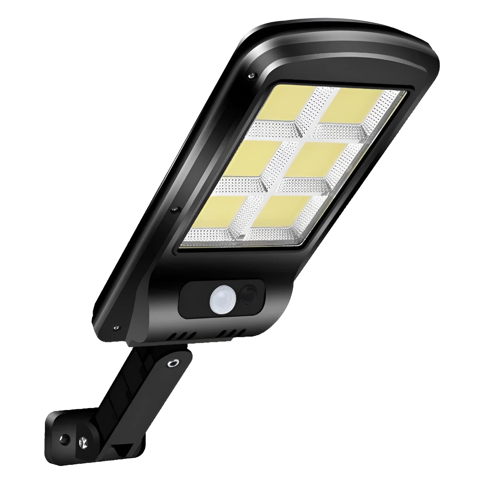 Black solar-powered outdoor motion sensor light with IP65 waterproof rating for garden and driveway security.
