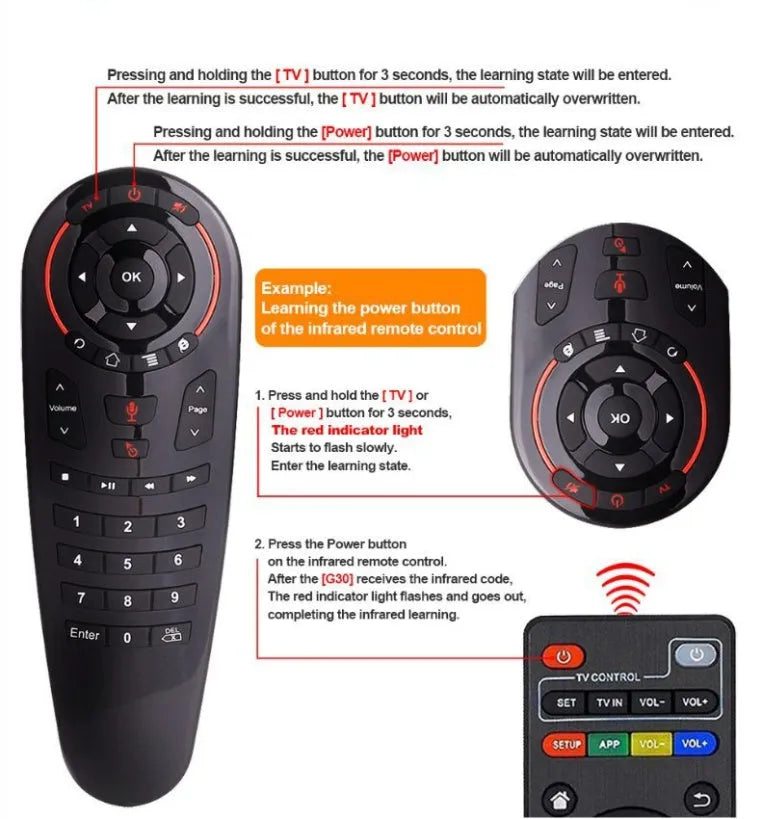 G30 wireless keyboard remote control with QWERTY keys and integrated air mouse function on a black background.