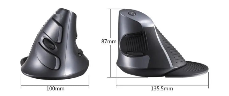Black M618 wireless vertical ergonomic mouse on a desk, showing its 57-degree angled design and contoured right-hand shape.
