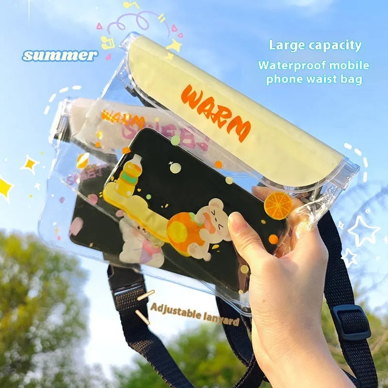 PVC waterproof mobile waist bag with touch screen and adjustable strap, blue whale cartoon design