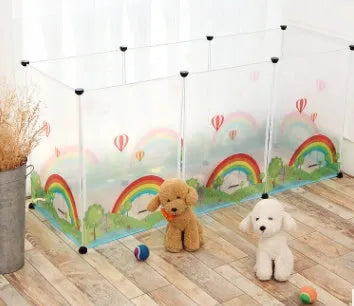 Pet transparent fence with six clear plastic panels arranged as a barrier on a wooden floor, showing interlocking connectors