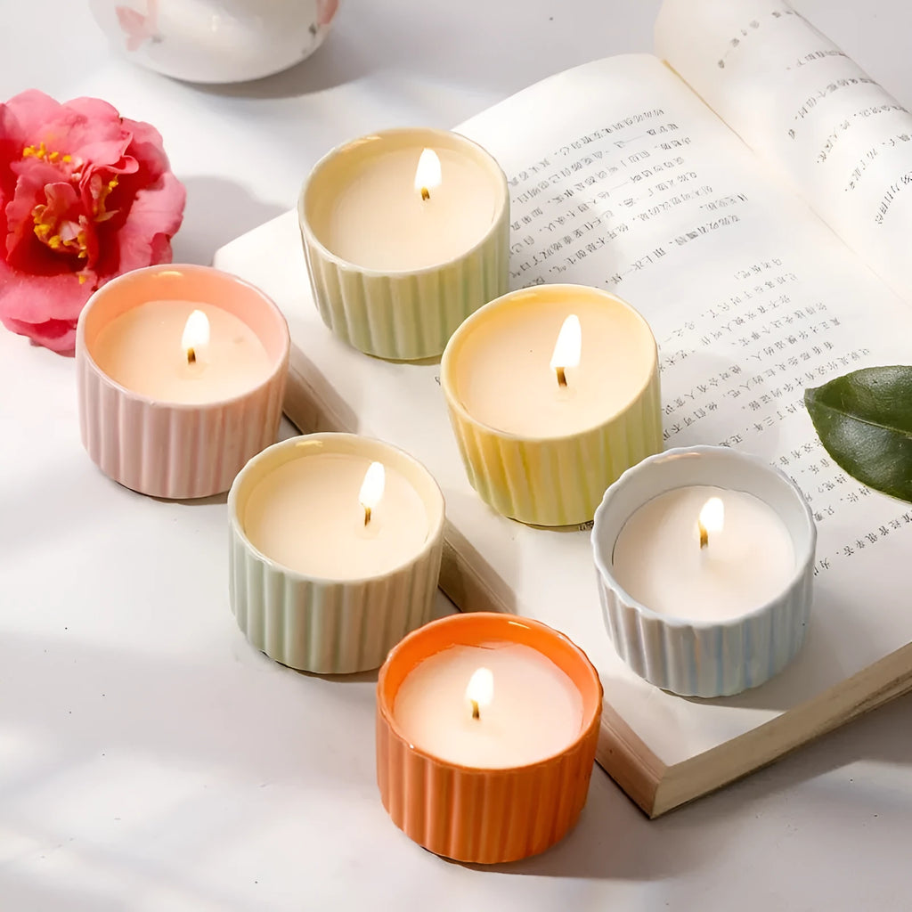 Indoor aromatherapy soy candle in ceramic cup with floral scent for bedroom use