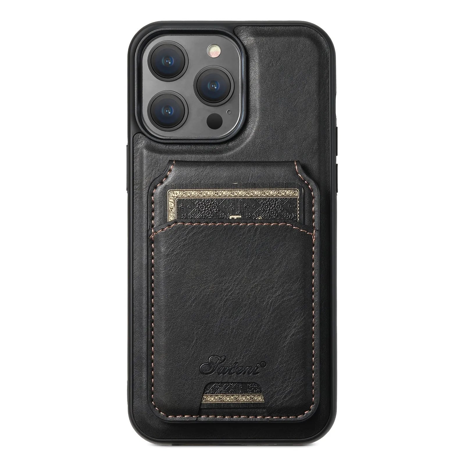 Black magnetic card holder phone case for iPhone with bracket stand, PU TPU handmade finish