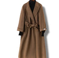Men's wool coat with long suit collar in caramel colour showing single-breasted button front