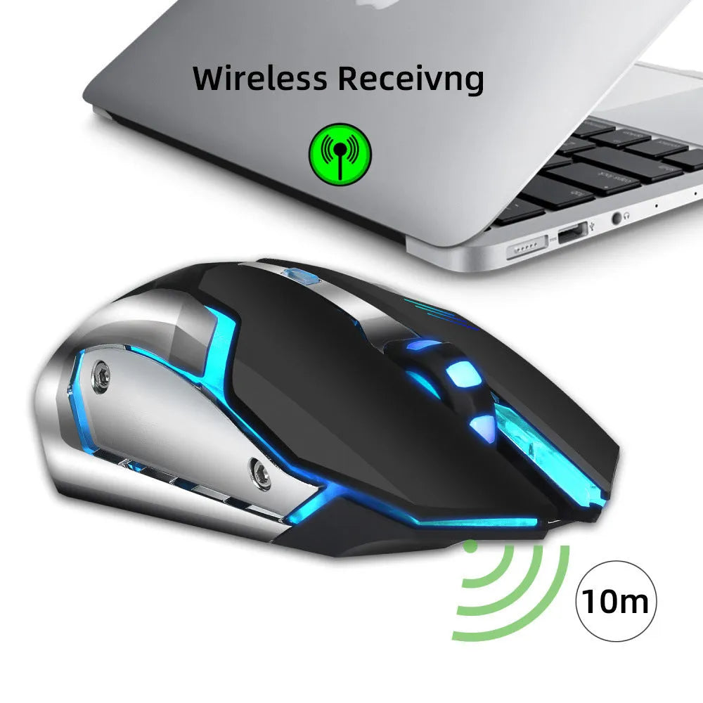 HXSJ black wireless gaming mouse with glowing LED lights and ergonomic shape for desktop use