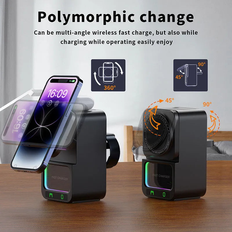 White Bluetooth speaker with integrated wireless charging pad showing phone placement on magnetic mount