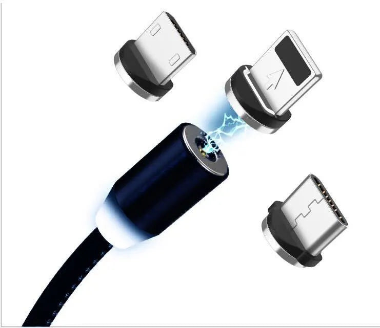 Black magnetic LED charging cable with aluminium shell and woven texture, showing LED light and connector.