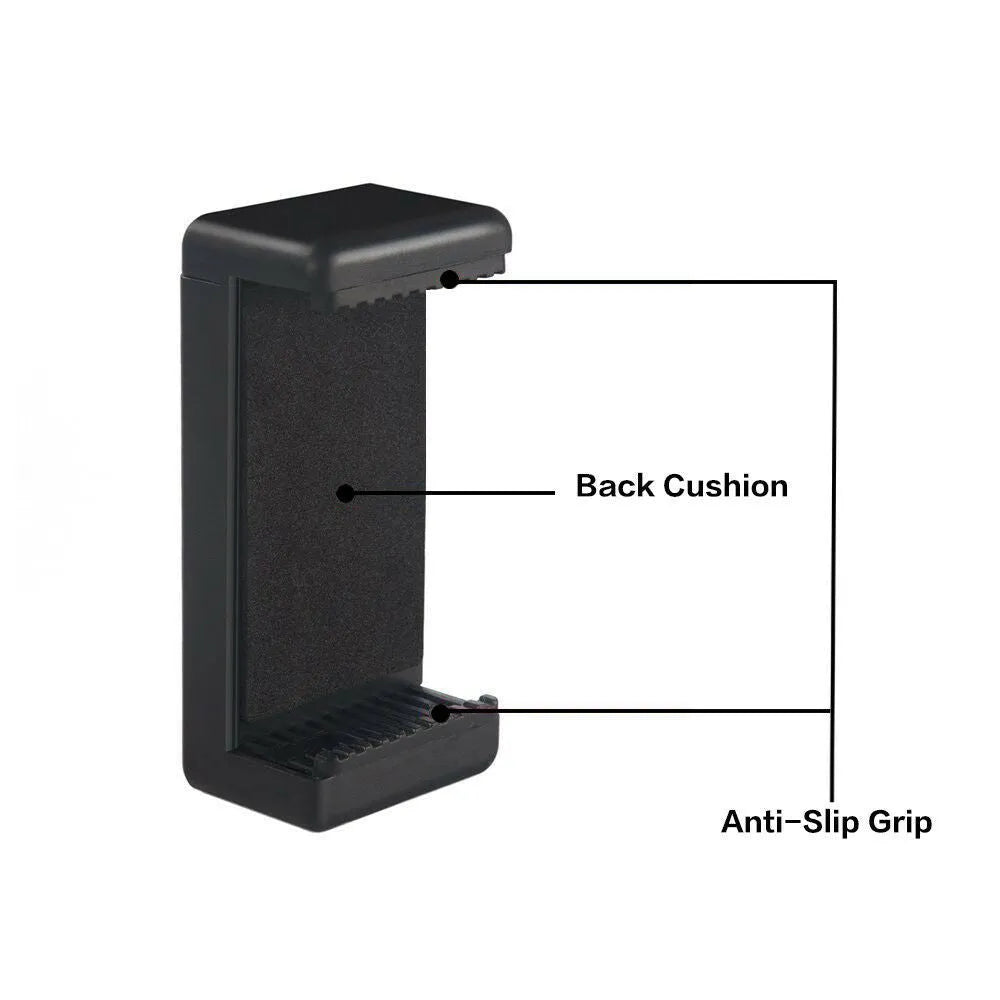 Black plastic rotating clamp phone holder shown with dimensions 10mm wide by 4mm deep.