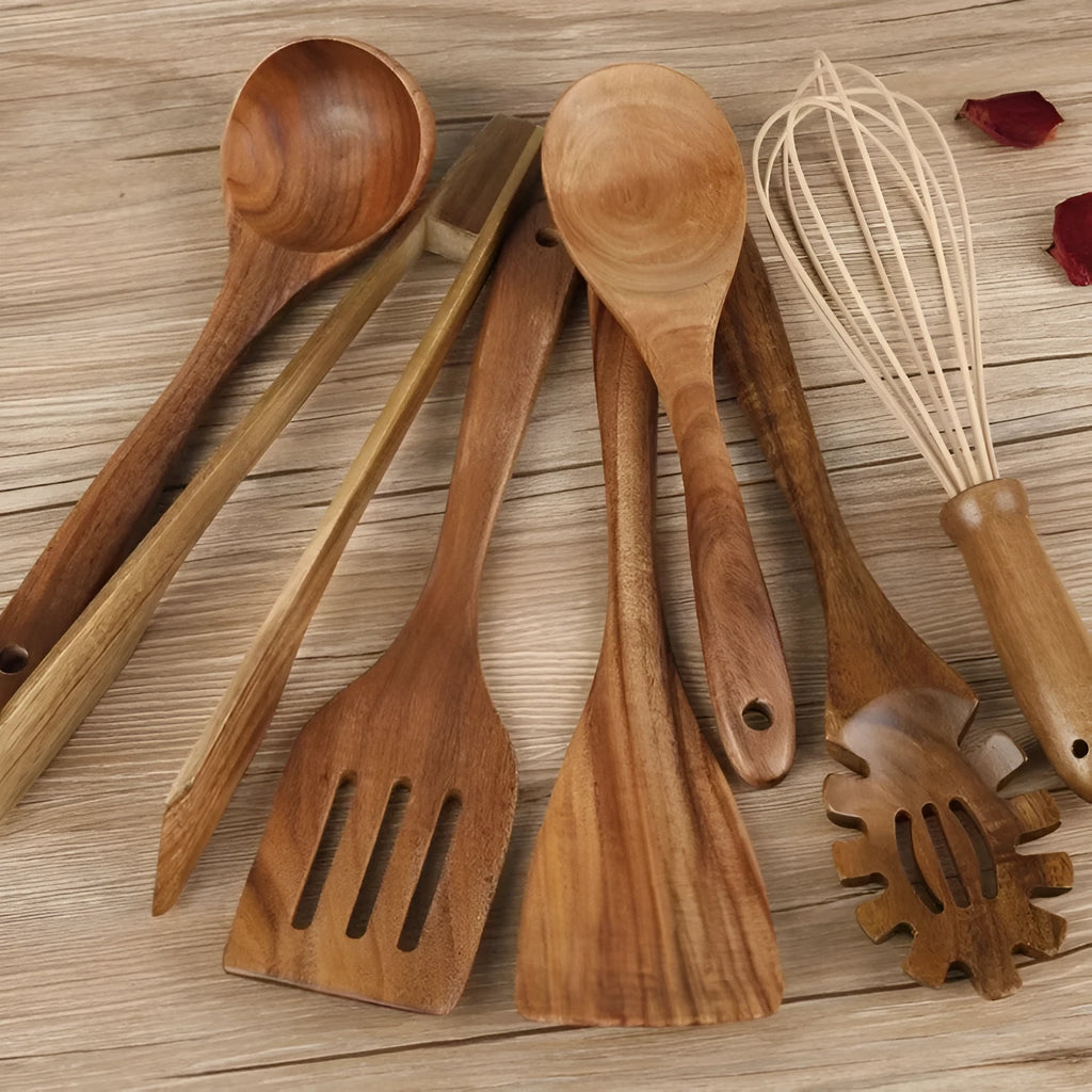 Seven wooden cooking utensils with non-slip handles for non-stick pans