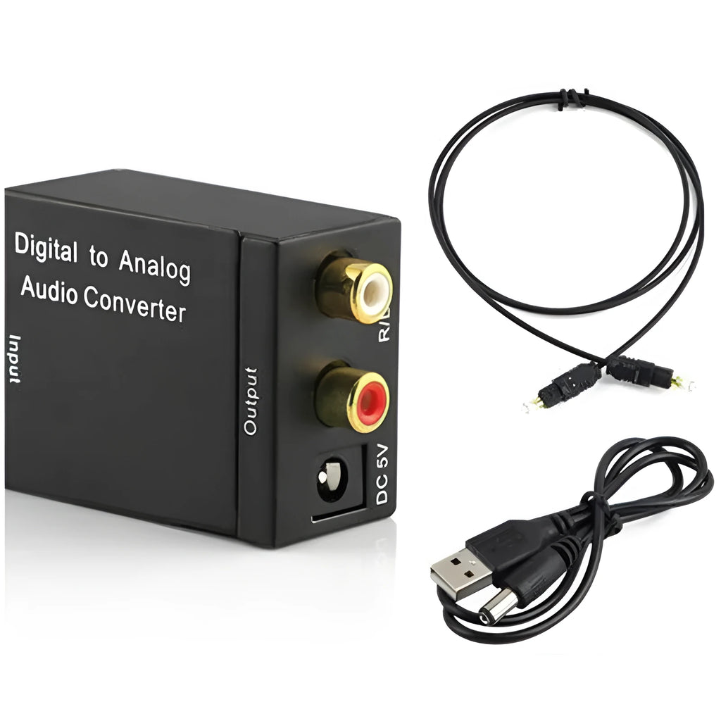Black digital to analogue audio converter with optical cable and power supply