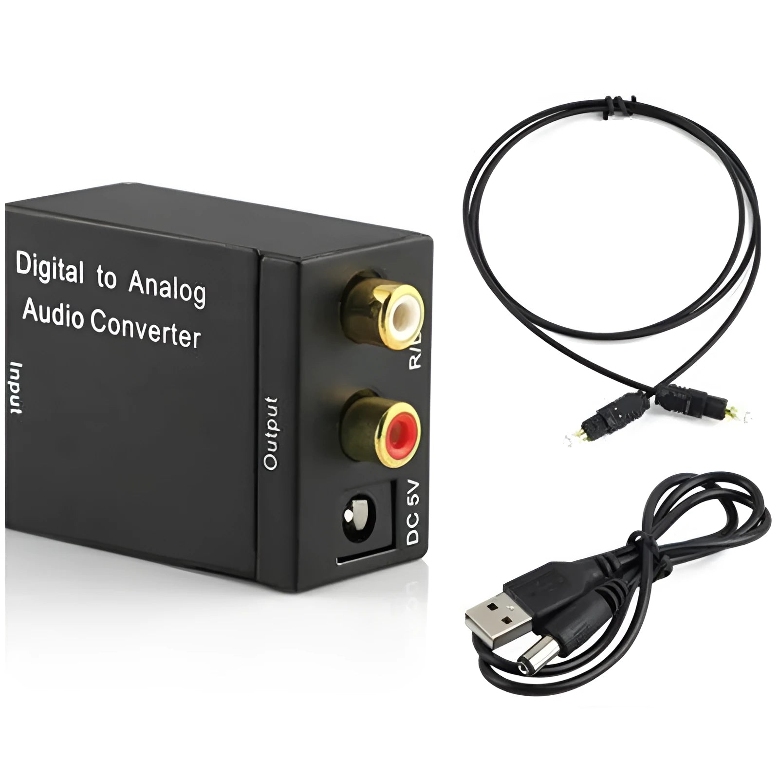 Black digital to analogue audio converter with optical cable and power supply