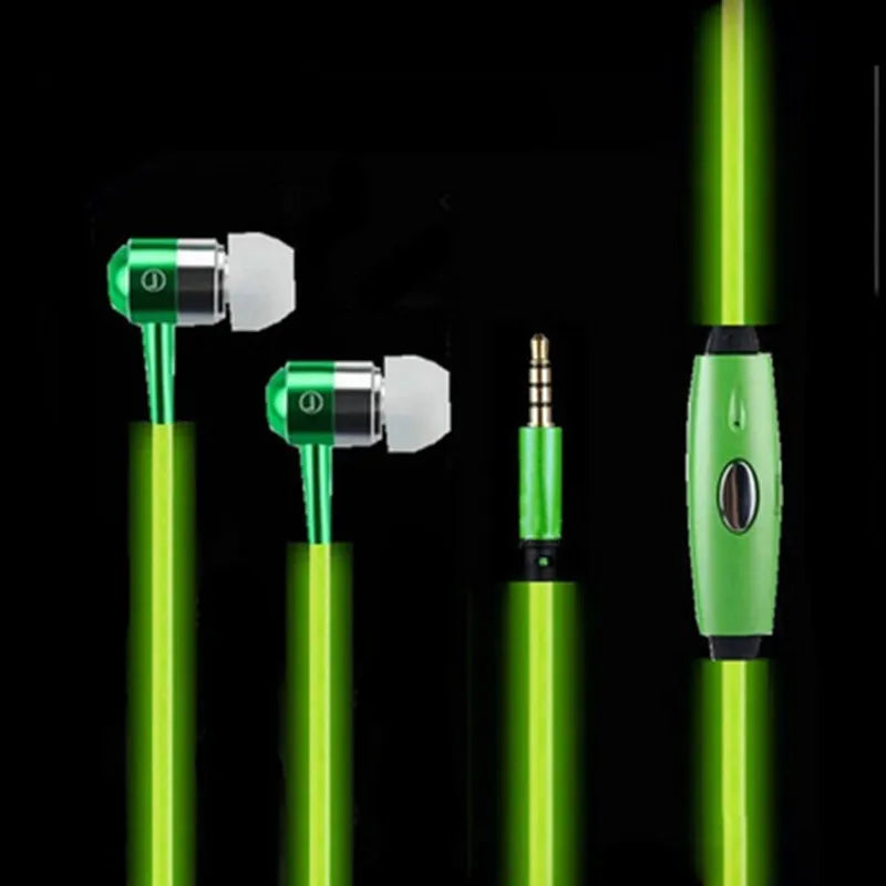Blue, green, and pink LED earphones with glowing cables next to a smartphone, showcasing their music-reactive light feature.