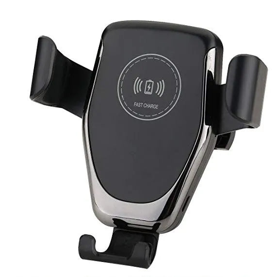 Car wireless charger mount with automatic clamp for Apple iPhones showing black and white colour options