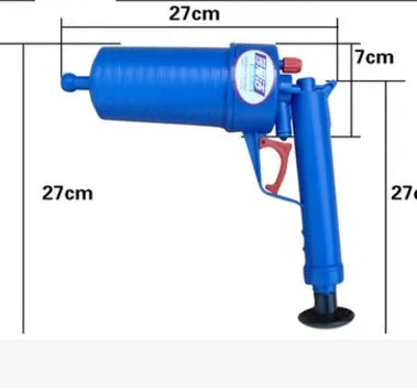 Plastic high-pressure drain blaster gun with four different sized rubber suction adaptors for unblocking pipes.