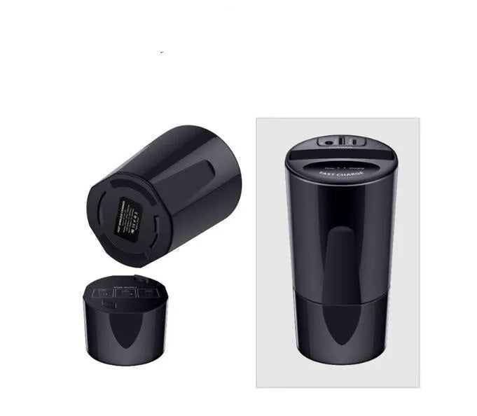 Black car wireless charging cup with detachable base stand for QI smartphones.