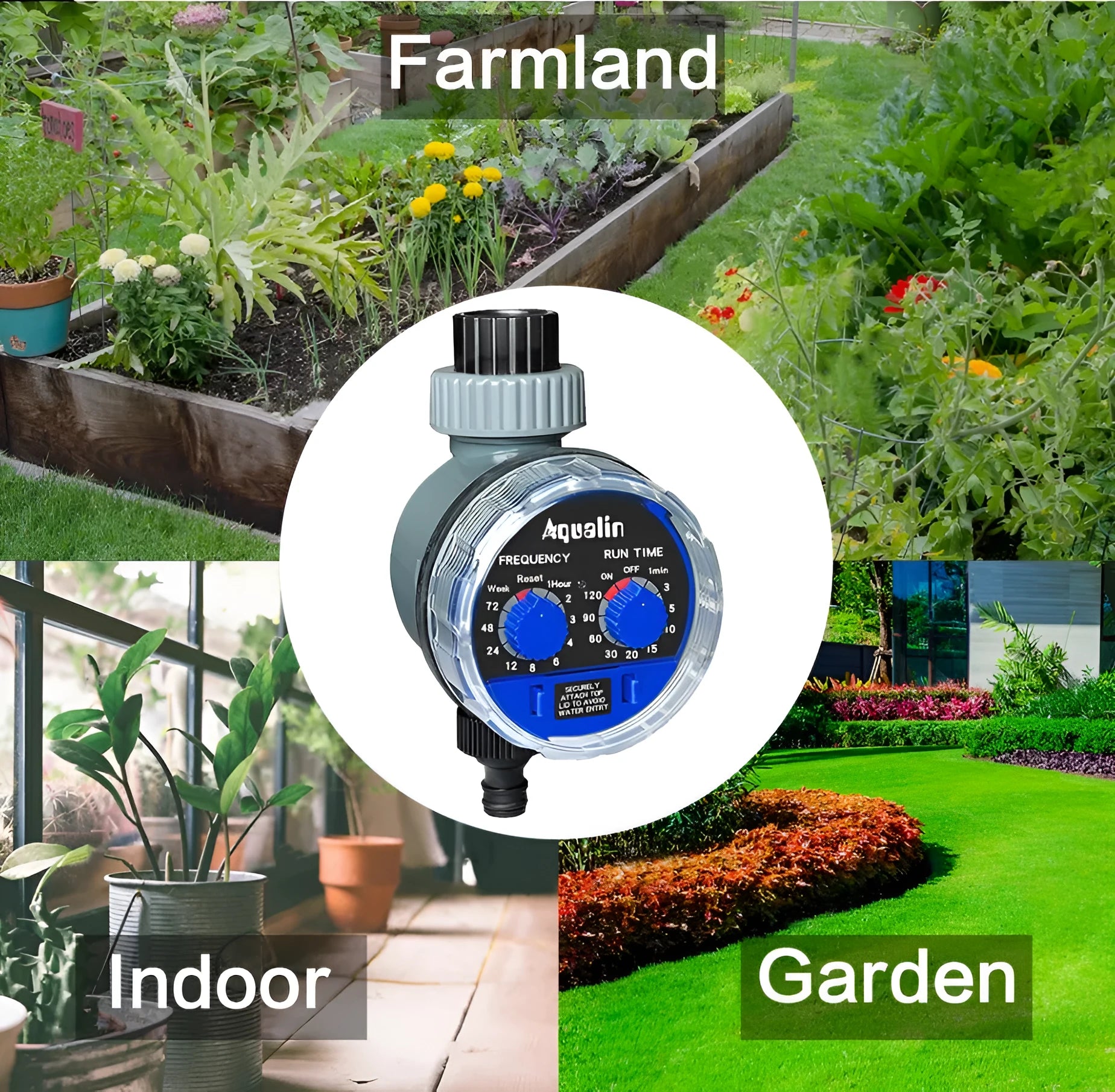 Automatic garden watering timer device attached to outdoor faucet for programmed irrigation