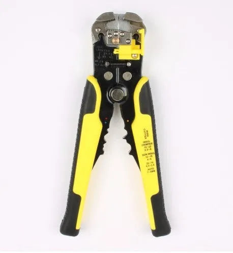 Yellow automatic 3-in-1 wire stripper and crimping pliers tool with adjustment screw.