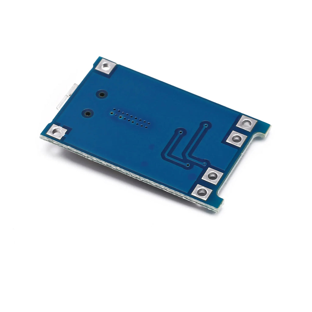 Small blue lithium battery charging and protection circuit board with solder pads, measuring 2.6cm by 1.7cm.