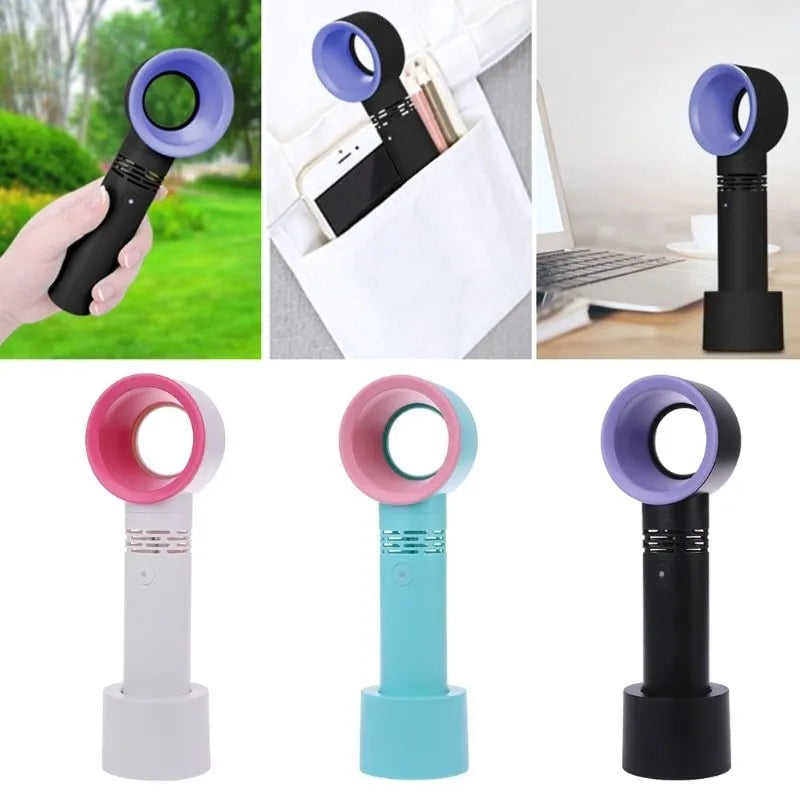 Compact portable bladeless desk fan with USB charging cable on a wooden desk