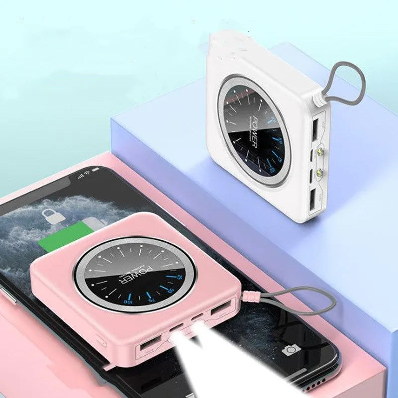 Compact mint green Mini Clock Charger power bank with alloy case showing multi-USB ports.